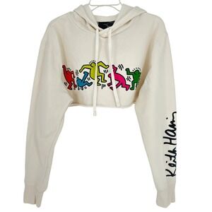 Keith Haring Cropped Cream Graphic Hoodie Art Dance Figures Streetwear Womens L